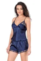Lacivert İp Askılı Saten Babydoll Şort Takımı Ahu Primoda 9135 Lacivert detay görünüm