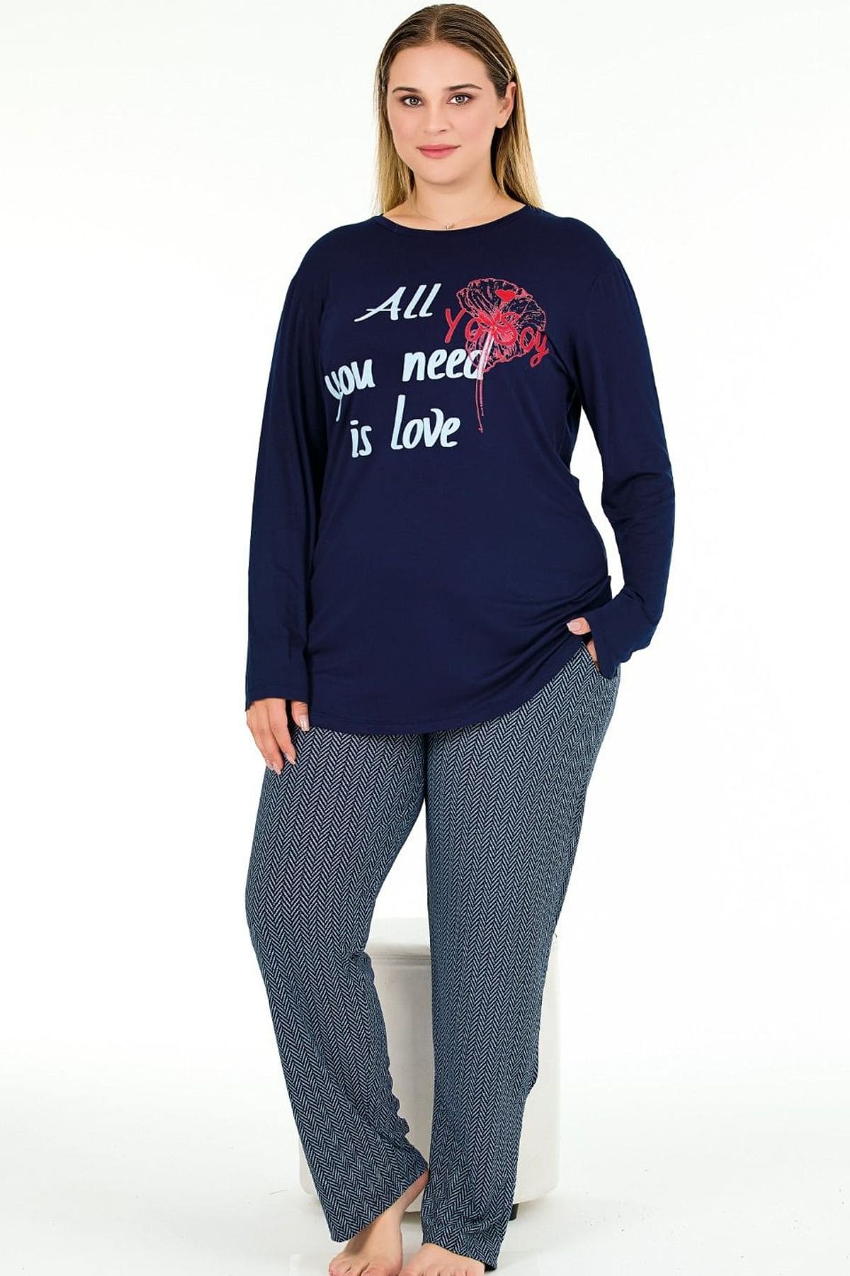 Lacivert Pijama Uzun Kollu Büyük Beden Lady Pijama Takımı 11396