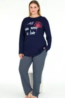 Lacivert Pijama Uzun Kollu Büyük Beden Lady Pijama Takımı 11396 Lacivert