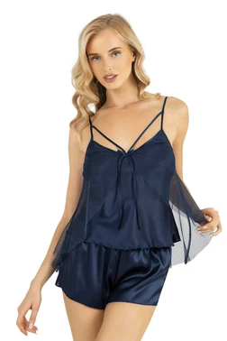 Ahu Lingerie Lacivert Saten Tül Detaylı Şort Takımı Ahu Primoda 9215