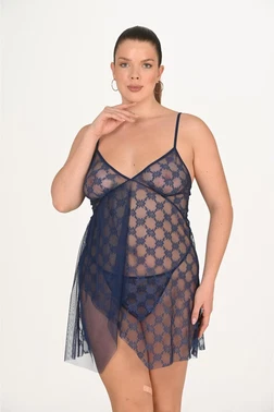 Ahu Lingerie Lacivert Tül Büyük Beden Gecelik Ahu Primoda 3046