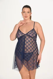 Ahu Lingerie Lacivert Tül Büyük Beden Gecelik Ahu Primoda 3046
