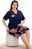 Lady Büyük Beden Şort Takım Viskon Kumaş Dantelli Lady 10382 Lacivert detay görünüm