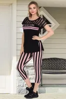 Lady Pijama Takımı Çizgili Tül Omuzlu 12045 Siyah