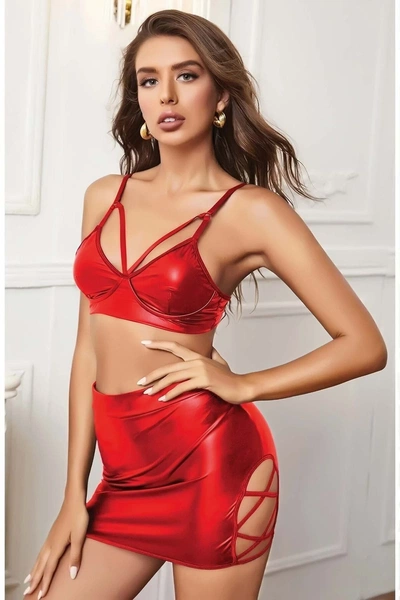 Lame İpli Kırmızı Fantezi Elbise Lily Bianca LB-170