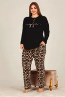 Leopar Desenli Uzun Kollu Büyük Beden Viskon Pijama Takımı Lady 11326 Siyah