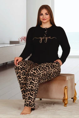Lady Leopar Desenli Uzun Kollu Büyük Beden Viskon Pijama Takımı Lady 11326 - Alternatif Görünüm