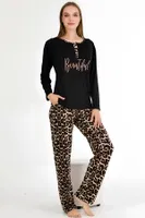 Leoplar Desenli Uzun Kollu Pijama Takımı Lady 11647 Siyah