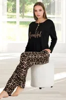 Leoplar Desenli Uzun Kollu Pijama Takımı Lady 11647 Siyah detay görünüm