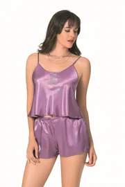 Ahu Lingerie Lila Saten Babydoll Şort Takımı Ahu Primoda 9080