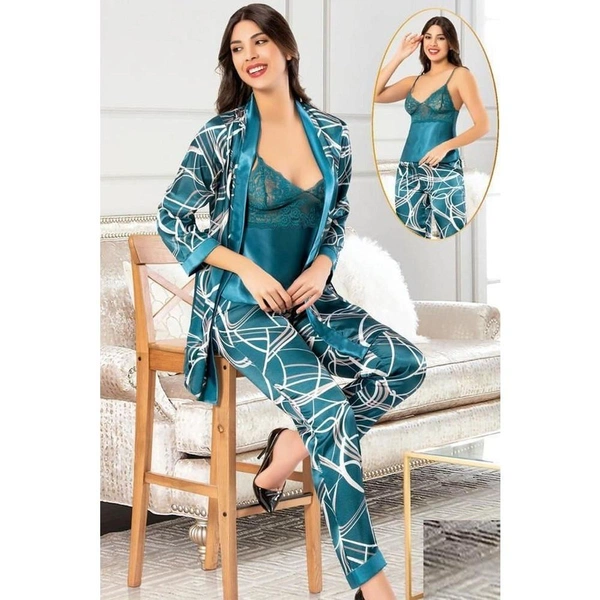 Mavi Dantelli Dijital Desenli Saten Empirme 3Lü Sabahlık Pijama Çeyiz Seti XSES 2151