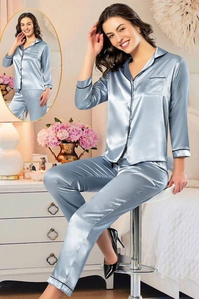 Mavi Gömlek Yaka Saten Önden Düğmeli Kadın Pijama Takımı XSES 2105
