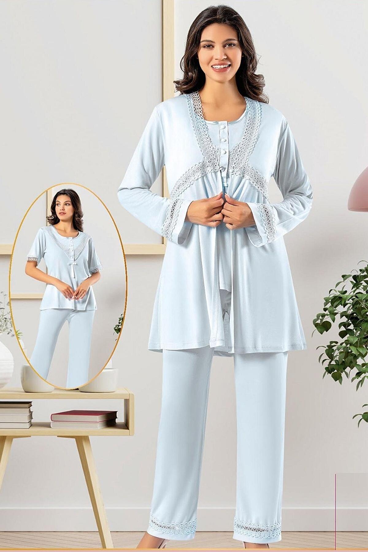 Mavi Hamile Lohusa Sabahlık Pijama Takımı XSES 4850