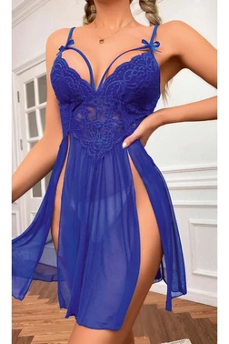 Ruselin Mavi Tül Dekolteli Transparan Fantezi Gecelik Ruselin 2106