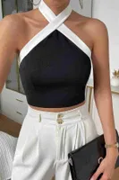 Boyundan Bağlamalı Kısa Crop Bluz Siyah Merry See 3907 Siyah görsel 4