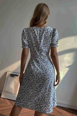 Merry See Çiçek Desenli Yırtmaçlı Diz Altı Elbise Merry See MS2949 - Alternatif Görünüm