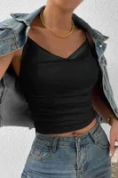 Kadın Kolsuz Askılı Degaje Yaka Bluz Crop Siyah Merry See 3900 Siyah görsel 6