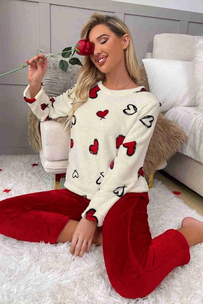 Kalp Baskılı Peluş Polar Uzun Kollu Kadın Pijama Takımı Merry See 4082