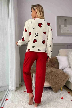 Merry See Kalp Baskılı Peluş Polar Uzun Kollu Kadın Pijama Takımı Merry See 4082 - Alternatif Görünüm