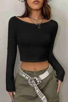 Kayık Yaka Örme Uzun Kollu Crop Top Bluz Merry See MS 3904 - Siyah Siyah görsel 5