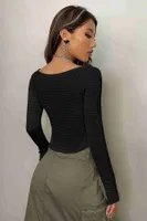 Kayık Yaka Örme Uzun Kollu Crop Top Bluz Merry See MS 3904 - Siyah Siyah görsel 6