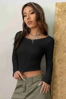 Kayık Yaka Örme Uzun Kollu Crop Top Bluz Merry See MS 3904 - Siyah Siyah görsel 7