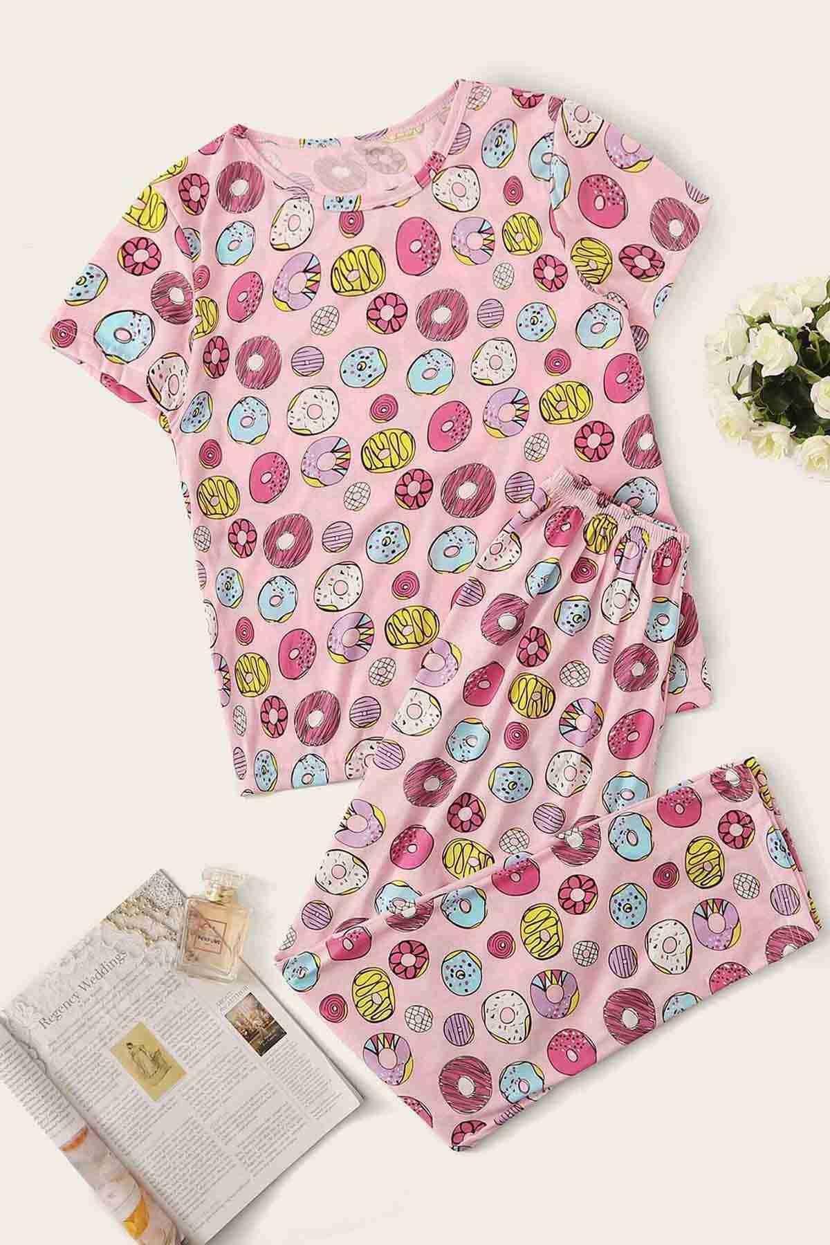 Kısa Kollu Donut Baskılı Kadın Pijama Takımı Merry See MS 4068