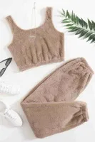 Askılı Peluş Polar Crop Kadın Pijama Takımı Kahverengi Merry See MS4065 Kahverengi