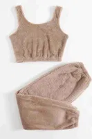 Askılı Peluş Polar Crop Kadın Pijama Takımı Kahverengi Merry See MS4065 Kahverengi detay görünüm