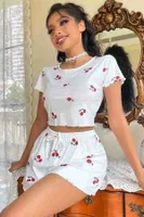 Örme Yumuşak Kısa Kol Kiraz Basklı Sortlu Pijama Takımı Merry See MS4069 Beyaz
