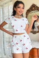 Örme Yumuşak Kısa Kol Kiraz Basklı Sortlu Pijama Takımı Merry See MS4069 Beyaz farklı açı