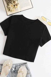 Merry See Kısa Kollu Pamuklu Bisiklet Yaka Kadın Crop Siyah Merry See 3902
