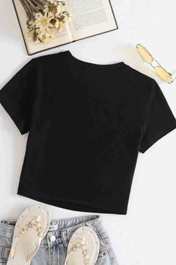 Merry See Kısa Kollu Pamuklu Bisiklet Yaka Kadın Crop Siyah Merry See 3902 - Alternatif Görünüm