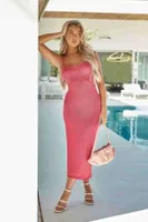 Sırt Dekolteli Bağlamalı Vücuda Oturan Diz Altı Örme Elbise Pembe Merry See MS 2953 Pembe