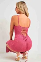 Sırt Dekolteli Bağlamalı Vücuda Oturan Diz Altı Örme Elbise Pembe Merry See MS 2953 Pembe detay görünüm