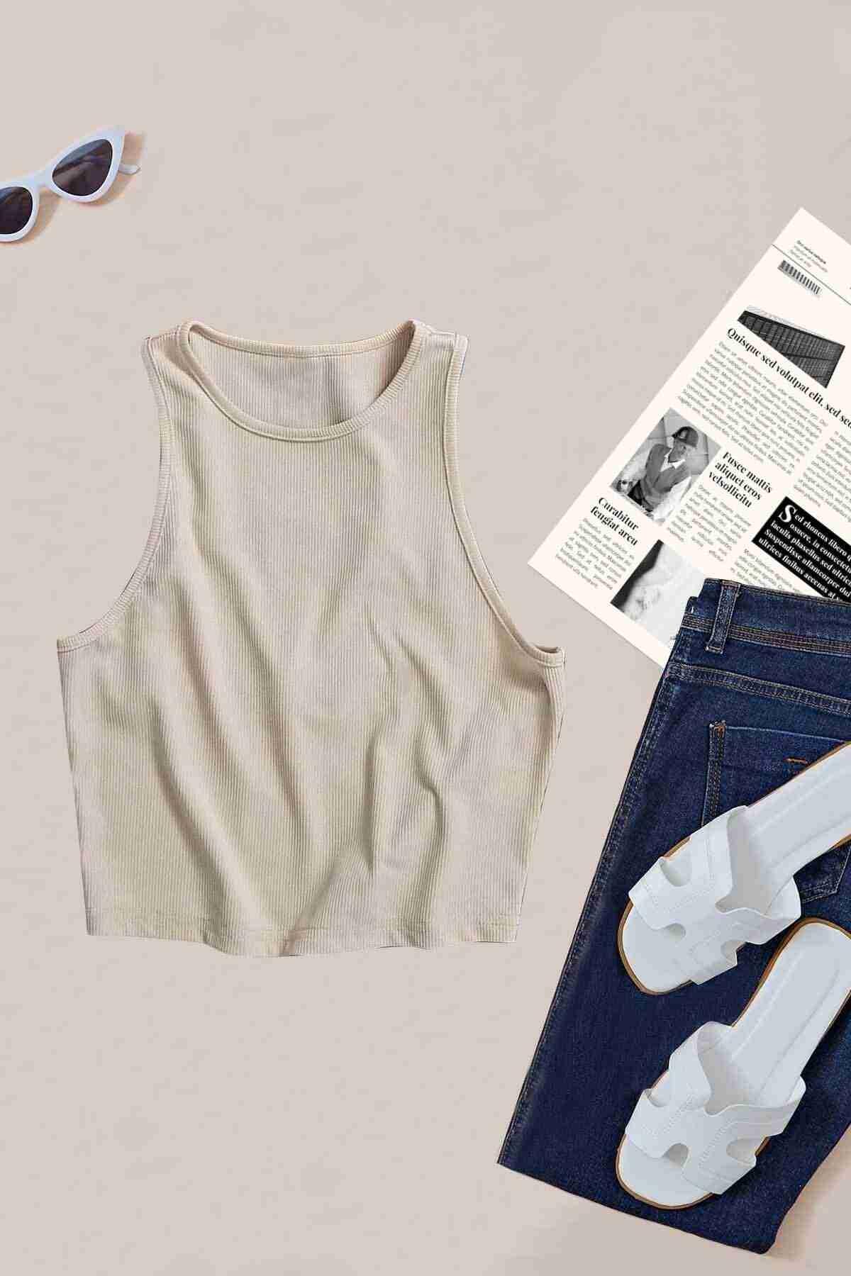 Kalın Askılı Örme Kumaş Kadın Bluz Crop Krem Merry See MS39019