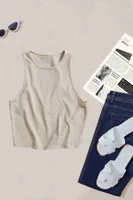 Kalın Askılı Örme Kumaş Kadın Bluz Crop Krem Merry See MS39019 Krem