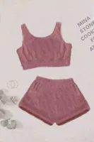 Peluş Askılı Polar Alt Üst Şortlu Kadın Pijama Takımı Merry See MS 40809 Pembe Koyu
