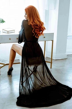 Merry See Merry See Uzun Tül Sabahlık Gecelik İç Giyim Siyah MS6367 - Alternatif Görünüm