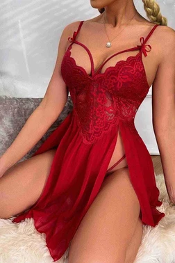 Merry See Merry See Yanlardan Bacak Dekolteli Şık Dantel Gecelik Kırmızı MS2358