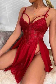 Merry See Merry See Yanlardan Bacak Dekolteli Şık Dantel Gecelik Kırmızı MS2358