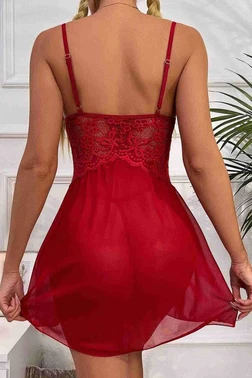 Merry See Merry See Yanlardan Bacak Dekolteli Şık Dantel Gecelik Kırmızı MS2358 - Alternatif Görünüm