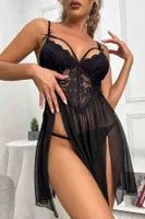 Bacak Dekolteli Dantelli Tül Fantazi Gecelik Siyah Merry See 2358 Siyah detay görünüm