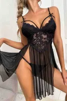 Bacak Dekolteli Dantelli Tül Fantazi Gecelik Siyah Merry See 2358 Siyah görsel 5