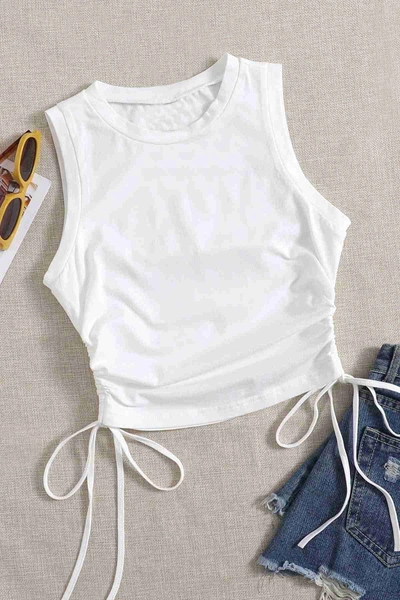 Yanları Büzgülü Kolsuz Bluz Crop Top Atlet Beyaz Merry See 4577
