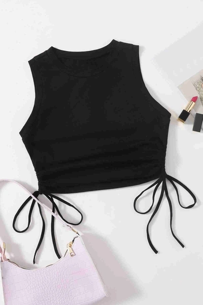 Yanları Büzgülü Kolsuz Bluz Crop Top Atlet Siyah Merry See 4579
