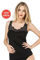 Modal Pamuklu Dantelli Esnek Yumuşak Kalın Askılı Kadın Atlet Özkan 26961  Siyah
