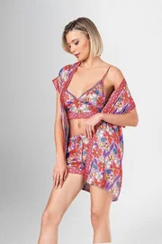 Ahu Lingerie Mor Çiçekli 3lü Büstiyer Sabahlık Şort Takımı Desenli Ahu Loriva 1929