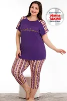 Mor Desenli Büyük Beden Kısa Kol Viskon Kapri Pijama Takımı Lady 10671 Mor