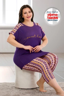 Lady Mor Desenli Büyük Beden Kısa Kol Viskon Kapri Pijama Takımı Lady 10671 - Alternatif Görünüm